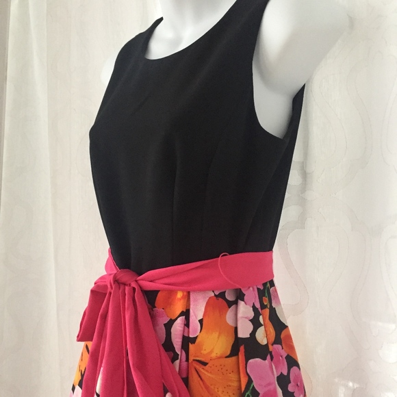 sold -Eliza J Black Orange Floral Flare Bell Dress - Picture 3 of 6